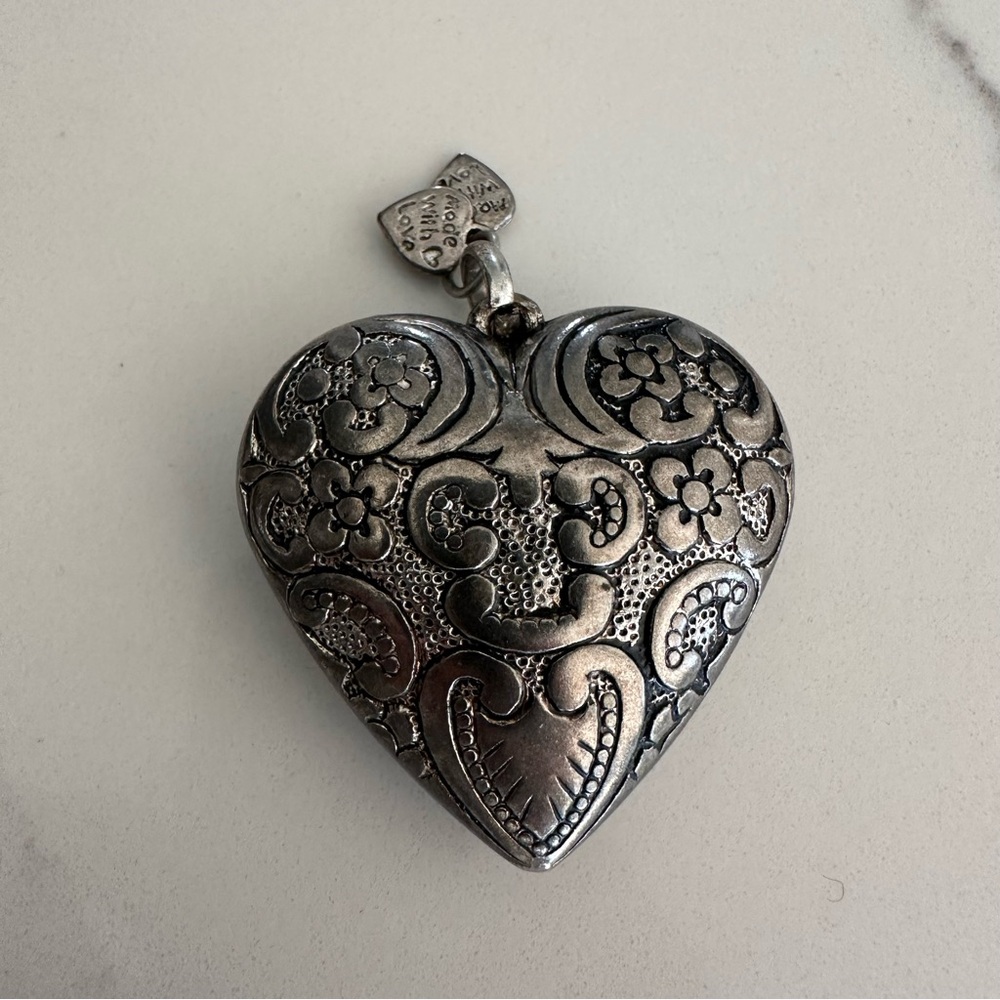 Vintage Anthropologie Victorian Style Engraved Pewter Floral Heart Puff Pendant